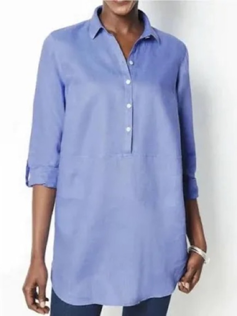 J. Jill Love Linen Petite Blue 100% Linen Tunic Top Roll Tab Sleeve Size XL P